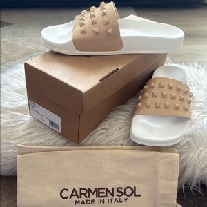 Carmen Sol Studded Slides in White and Tan